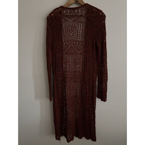 Charlotte Russ Long Burgandy Crochet Knitted Sweater Long Duster Open Front S - Picture 4 of 9